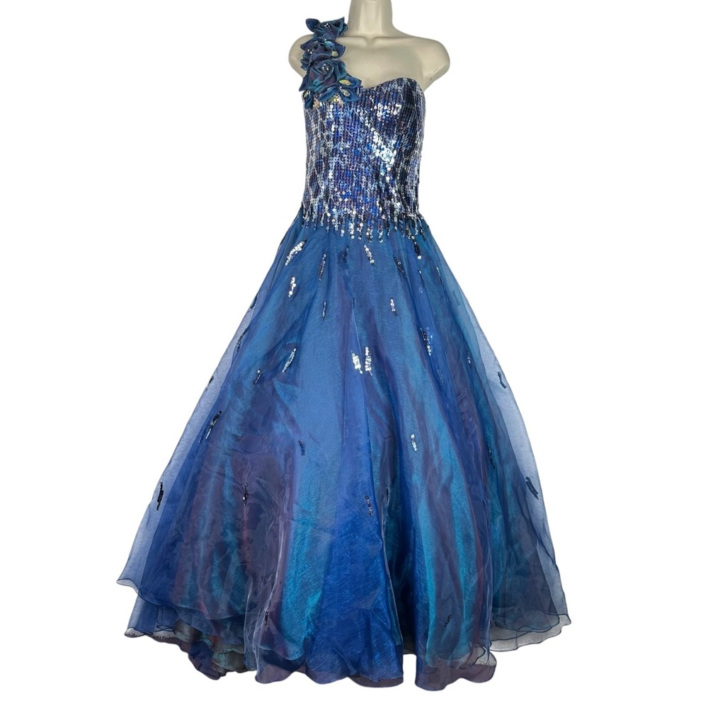 Tony Bowls Evening Blue Sequin One Shoulder Ball Gown Prom Pageant Dress Shawl 6